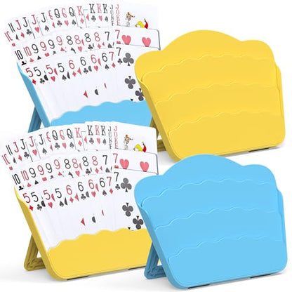 RESOVO Playing Cards Holders Stands Decks w/Foldable Tabletop Stand, 3 Layers Design for Poker UNO Cards, Playing Card Accessories, Set of 4 (2 Blue + 2 Yellow) - color: 2 Blue + 2 Yellow