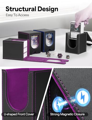 Card Deck Box for MTG Commander, Card Case Holds 100+ Double-Sleeved Cards, Magic Card Box Fits for TCG/PTCG/CCG Card with 2 Dividers (Black&Purple) - color: Black&Purple