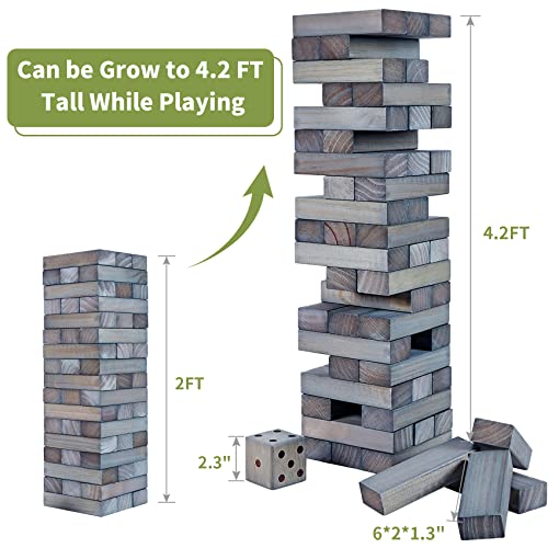 ApudArmis Giant Tumble Tower (Stack from 2Ft to Over 4.2Ft), 54 PCS Pine Wooden Stacking Timber Game with 1 Dice Set - Classic Block Giant Outdoor Game for Teens Adults Family (Gray) | Eco-safe natural pine. Smooth & anti-crack. Includes dice & carry bag.