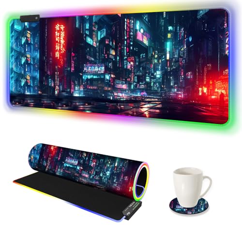 ARTSO RGB Gaming Mouse Pad Large, Extended Soft Led Mouse Pad with 14 Lighting Modes 2 Brightness, Water Resist Keyboard Pad, Computer Mousepads Mat 35.4x15.7inch, Night City - color: Night City