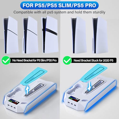 Slim Cooling Station Stand LED with Dual Controller Charging Station for PlayStation 5 Console, PS 5 Accessories Incl. Controller Charger, Cooling Fan, Headset Holder, 3 USB Hub- LED White - color: RGB WHITE