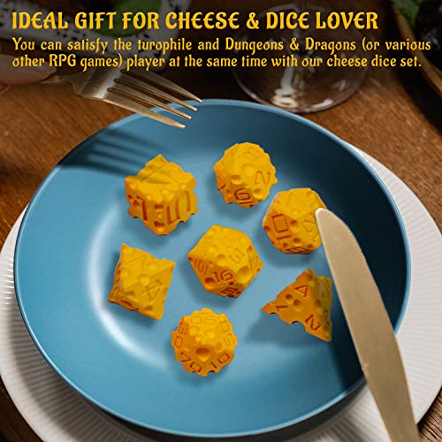 CZYY Cheese Dice Set, 7 Polyhedral Dice for Tabletop RPGs | Food-Themed Novelty Dice, Cheese Hole Details, 3D Printed, For Tabletop Games, Collections & Gamer Gifts