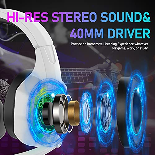 Wired Gaming Headset with Rainbow RGB Backlight Retractable Noise Isolating Microphone Stereo Sound Deep Bass Memory Foam Earmuff Over Ear Headphone for PS4 Xbox One Switch PC Mac Gamer Music (White) | Retractable,Noise Isolating Microphone,Stereo Sound,D