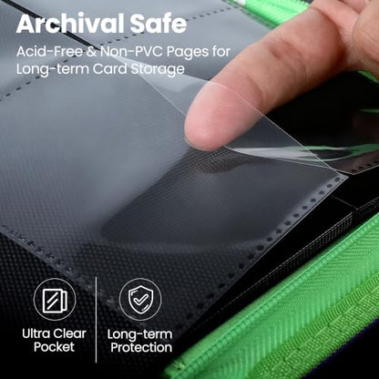 4 Pocket Trading Card Binder, Ringless Card Binder with Zipper for TCG and Sport Cards Collections, Holds 160 Cards with Side-Loading Pages, Purple & Neon Green - color: 2.Purple & Neon Green - 4 Pocket - 160 Slots