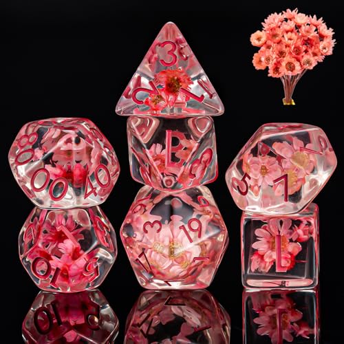Flower Resin D&D Dice Set, 7pcs Polyhedral Dice for Dungeons and Dragons, RPG, MTG, Role Playing Games (D4, D6, D8, D10, D12, D20, D%) - color: Pink Flowers