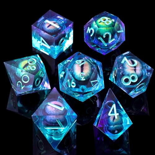 Beholder'S Eye DND Dice- Dragon Eye Liquid Core Sharp Edge Handmade Dice Set for Dungeons and Dragons Ttrpg, Multi-Sided RPG Polyhedral Resin Roleplaying(Green Purple) - color: Dragon Eye-green Purple