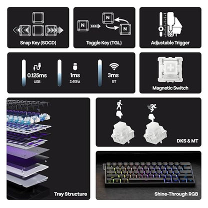 MechLands Aula Mini60 HE PRO Wireless Hall Effect Gaming Keyboard, 4000mAh | Magnetic Keyboard with 8K Polling, Fast Trigger, SOCD & DKS, Adjustable Actuation, RGB Backlit, Sound Dampening (Black) - color: Black