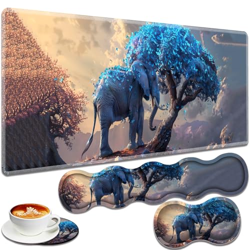Large Gaming Mouse Pad + Keyboard Wrist Rest + Wrist Support + Coaster Set, Memory Foam Ergonomic for Easy Typing, XXL Extended Gaming Mouse Pad Table Pad - Blue Leaves and Elephants - color: Blue Leaves and Elephants