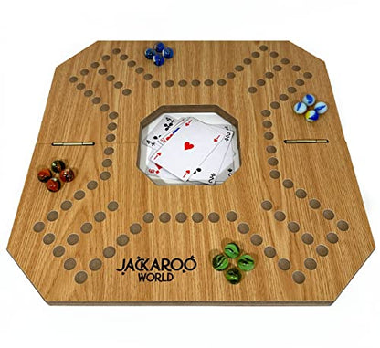 Jackaroo Board Game, 2-4 Player Marble Chase Board Game, Wooden Game with 16 Glass Marbles and 52 Cards, Marbles and Jokers Game, Marble Strategy Game, Foldable Board with Carry Bag for Adults (Oak) - color: Oak