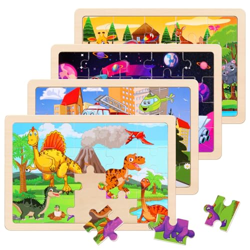 Wooden Puzzles Toys for Kids Ages 3-5, Set of 4 Packs Dinosaur, Space, Transportation Wood Toddler Puzzles, Preschool Brain Teaser Toys for Boys and Girls 3 4 5 6 Years Old - color: Mixed Styles a