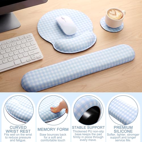 Tellegloww Wrist Rest Support for Mouse Pad&Keyboard Set, Blue Gingham Checkered Circle Curved Ergonomic Mousepad&Coaster Non-Slip Base Design for Office Home Laptop Desktop Computer Keyboard - color: Blue