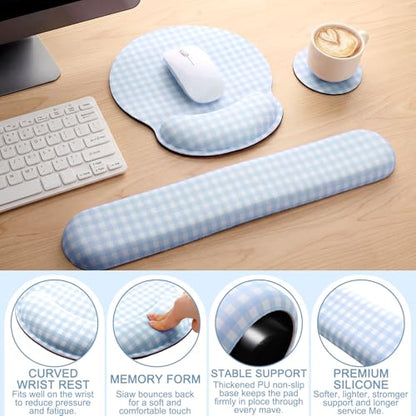 Tellegloww Wrist Rest Support for Mouse Pad&Keyboard Set, Blue Gingham Checkered Circle Curved Ergonomic Mousepad&Coaster Non-Slip Base Design for Office Home Laptop Desktop Computer Keyboard - color: Blue