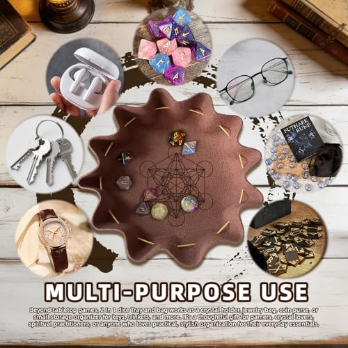 Leather Dice Tray with Metatron Printed, 2-in-1 Collapsible Dice Rolling Tray & Drawstring Pouch, Portable Dice Bag for Tabletop Games, Rune Crystal Holder & Jewelry Storage - color: Pcd05y