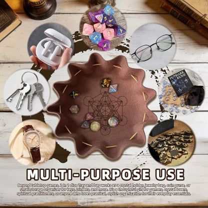 Leather Dice Tray with Metatron Printed, 2-in-1 Collapsible Dice Rolling Tray & Drawstring Pouch, Portable Dice Bag for Tabletop Games, Rune Crystal Holder & Jewelry Storage - color: Pcd05y