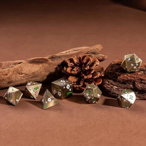 UDIXI Metal DND Dice Set, 7PCS Metal Polyhedral Dice Set Bronze for D&D RPG | White Flower, Metal Case Packaging, Heavy Metal Dice, D&D Gift, for Dungeons and Dragons Role Playing Games Tabletop Games - color: Flower/Bronzegreen