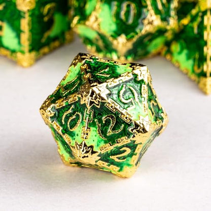 Cusdie 7Pcs Metal Dice with Metal Box, Dagger Design Polyhedral DND Dice Set, for Role Playing Game D&D Dice (Golden Green) - color: Dagger-golden Green