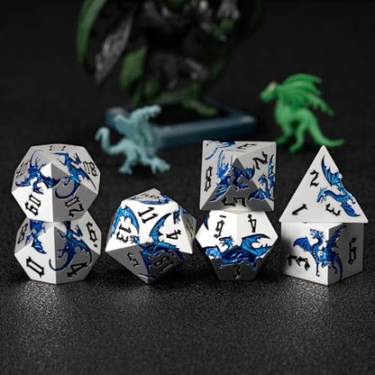Metallic D&D Dragon Dice Set,Metal DND Polyhedral Dice with Dragon for Dungeons and Dragons RPG TTRPG D and D 7-Die Set with Gift Case (Dragon-Pearl Silver Transparent Blue) - color: Dragon-pearl Silver Transparent Blue
