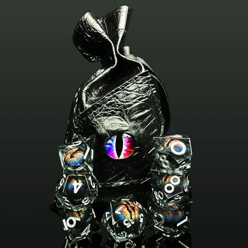 HAOMEJA D&D Dragon Eye Resin Dice Set DND 7 Pcs Resin Sharp Edge Role Playing Dice with Dragon Eye Bag, Polyhedral Dungeons and Dragons Dice D20 D12 D10 D100 D8 D6 D4 (Black & Eye Blue Red) - color: 7 Eye Blue Red & Black