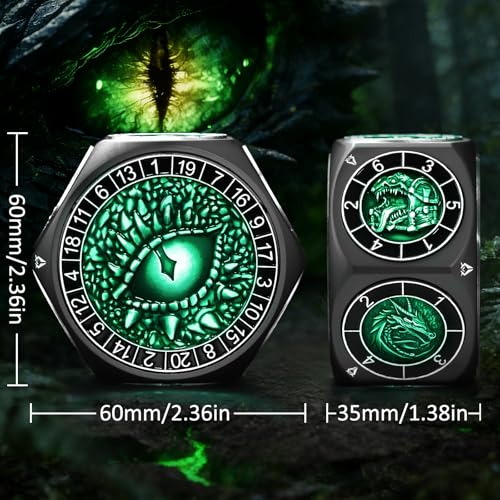 ZHOORQI 8-in-1 DND Dice Set – Metal Spinner Dice with Dual D20, 3D Monster Engravings & Smooth Spinning – Perfect for TTRPG, D and D Dungeons and Dragons Gifts(Black Dice- Green) - color: Black Green