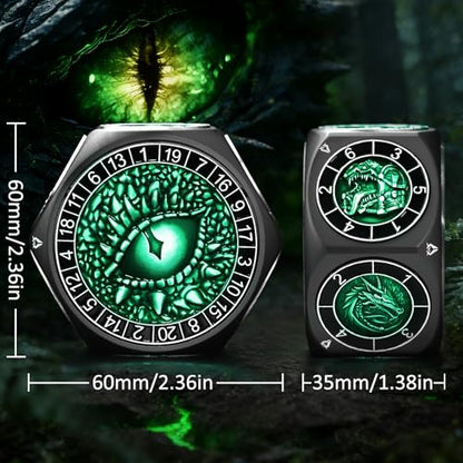 ZHOORQI 8-in-1 DND Dice Set – Metal Spinner Dice with Dual D20, 3D Monster Engravings & Smooth Spinning – Perfect for TTRPG, D and D Dungeons and Dragons Gifts(Black Dice- Green) - color: Black Green