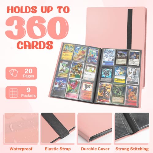 Trading Card Binder, 9 Pocket 20 Pages 360 Cards, Suitable for MTG, TCG(Pink) - color: Pink