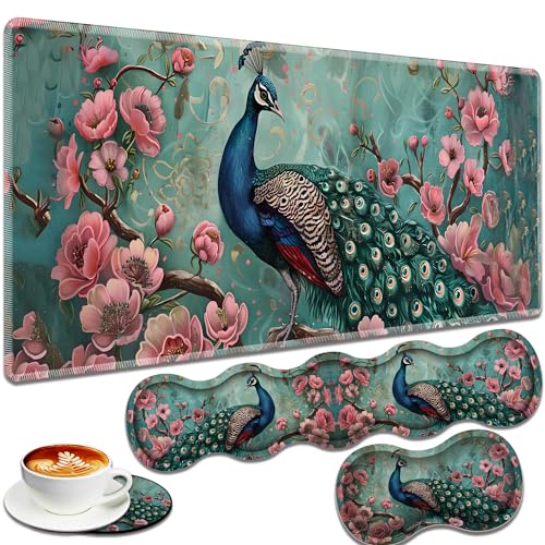 Large Gaming Mouse Pad + Keyboard Wrist Rest + Wrist Support + Coaster Set, Memory Foam Ergonomic for Easy Typing, XXL Extended Gaming Mouse Pad Table Pad - Peacock - color: Peacock