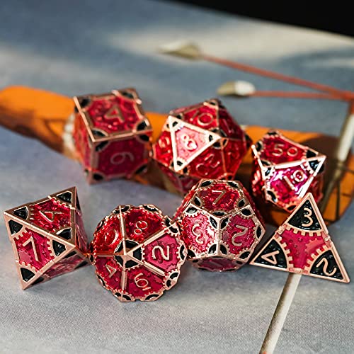 UDIXI Metal DND Dice Set 7PCS Polyhedral D&D Dice Set for Role Playing Game | 7PCS, Red, Steampunk Gear Carved, Solid Metal, Metal Gift Box, DM Gift, for Dungeons and Dragons RPG Tabletop Games - color: Gear-red Copper