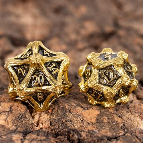 Metal Dice Set D&D 7PCS Golden Metal DND Dice Set for Tabletop Games | Leather Storage Bag, DM Gift, for Dungeons and Dragons Role Playing Games - color: Metal Tree-goldenblack