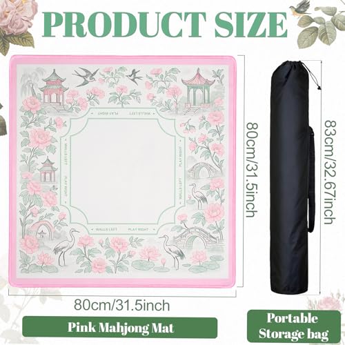 Chinoiserie Mahjong Mat for Table, 31.5" x 31.5" Pink Anti Slip and Noise Reduction Multi Purpose Pretty Gaming Mat for Poker, Card, Dominoes, Board & Tile Games, Mahjong Gift with Carrying Bag - style: Garden