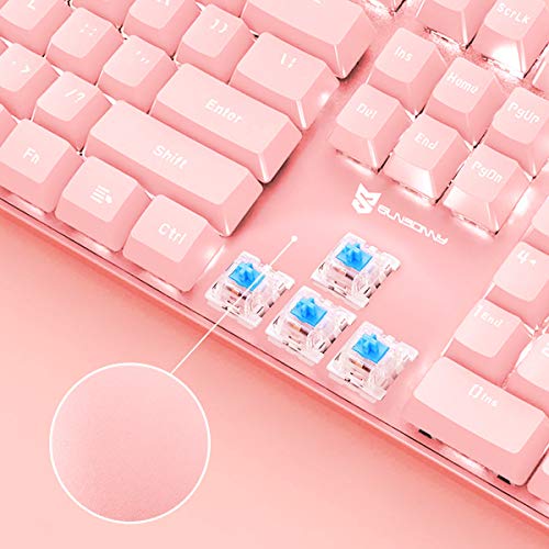 Merdia Full Size Wired Mechanical Gaming Pink Keyboard | Blue Switch 104 Keys US Layout Full Size Pink PC Gaming Keyboards | Hot Swappable LED Backlit Light Up Wired Mechanical Computer Keyboards - color: Blue Switch Pink