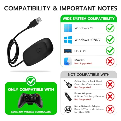 Mcbazel Wireless USB 2.0 Gaming Receiver Adapter for Microsoft Xbox 360 Desktop PC Laptop Gaming - Black