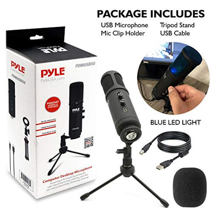 JOVIAL Pyle USB PC Recording Condenser Microphone, Portable Pro Audio Condenser Desk Mic, Blue LED, Adjustable Gain, Headphone Jack, Mute Control, Tripod Stand, for Podcast Streaming Gaming