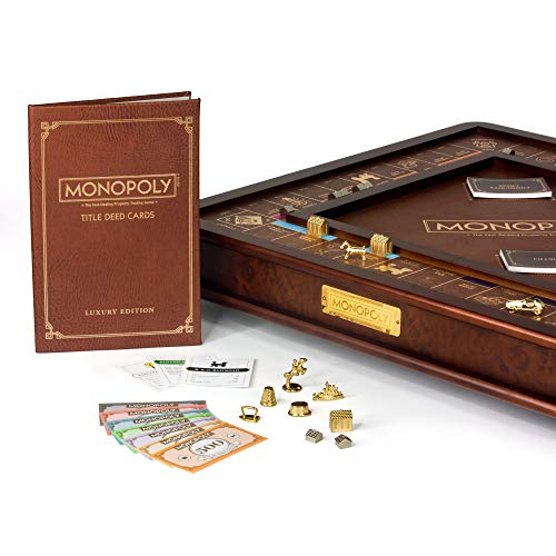 WS Game Company Monopoly Luxury Edition Wooden Board Game Set, 2-6 Players | Luxurious Wood Cabinet, Gold Foil Stamped Game Board, Faux Leather Rolling Area, 2 Storage Drawers, for Collectors and Adults