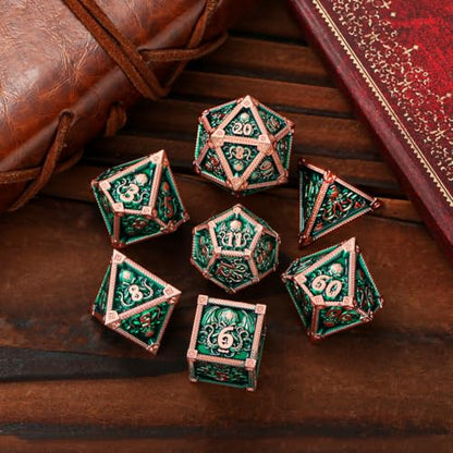 Metal Dice Set, Octopus Pattern, 7pcs Polyhedral Metal DND Dice Set, DND Starter Set, D&D Gifts with Gift Bag, Role Playing Board Games Accessories, Red Copper Border Green - color: Green With Gift Bag