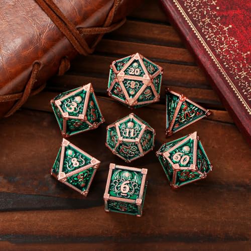 Metal Dice Set, Octopus Pattern, 7pcs Polyhedral Metal DND Dice Set, DND Starter Set, D&D Gifts with Gift Bag, Role Playing Board Games Accessories, Red Copper Border Green - color: Green With Gift Bag