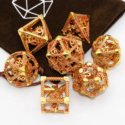 3D Hollow Dragon Dice Set, 7-Piece Metal DND Dice,Gold red | Lightweight copper hollow polyhedral dice with clear numbers, gift box and velvet bag for DND players and collectors. - color: Gold Red