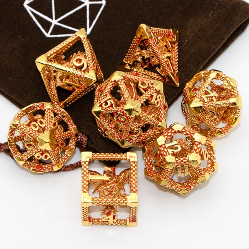 3D Hollow Dragon Dice Set, 7-Piece Metal DND Dice,Gold red | Lightweight copper hollow polyhedral dice with clear numbers, gift box and velvet bag for DND players and collectors. - color: Gold Red