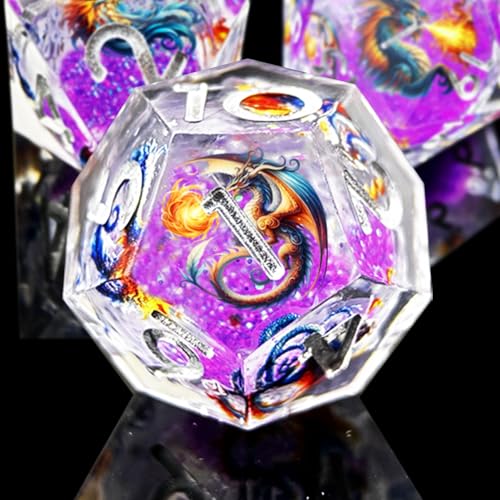 DND Dragon Resin Dice Set 7 Pcs Polyhedral Dice/Transparent Resin Dice with Embedded Dragon Phoenix Art, Premium Tabletop Game Dice for TTRPG, Pathfinder, MTG (Purple & Silver) - color: 6 Purple & Silver