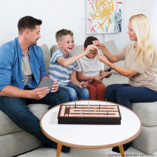 BIVOMON Wooden Cribbage Board Game Set with Large Storage Area, 3 Track Cribbage Board, 9 Metal Pegs｜2 Playing Cards｜Magnetic Lock, Family Travel Portable Tabletop Game for Adults & Kids (Instruction)