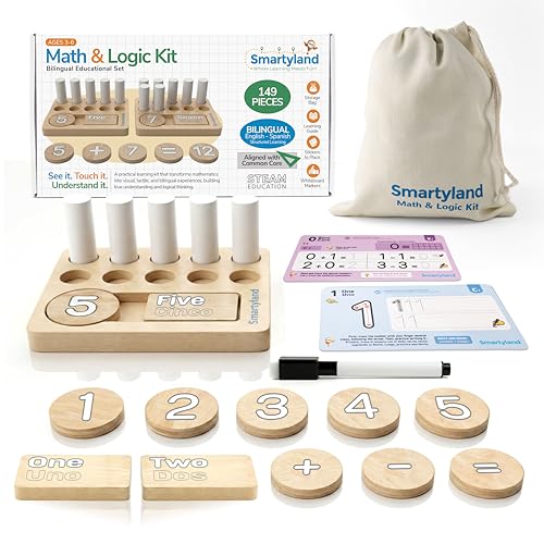 Bilingual Math Toy English Spanish Educational Kit for Preschoolers | STEAM Early Math & Logic Set | Hands-on Addition, Subtraction, Counting, Logic Games, Wooden Boards, Activity Cards