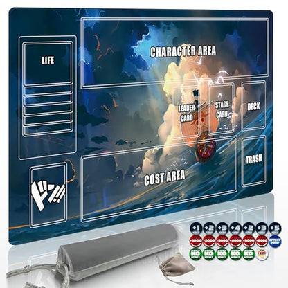 Playmat for One Piece Card Game (24x14 Inches): with Non-Slip Rubber, Zones Design, a Professional Storage Bag Included, Plus a Limited-Time Gift of a Set of 20 Damage Counters (Wave Boat) - color: Wave Boat