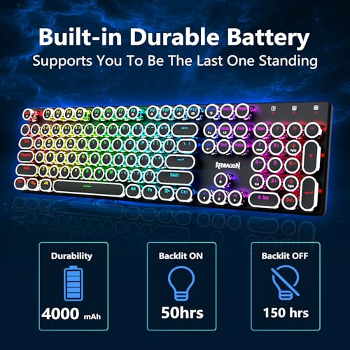 Redragon K710 Wireless Typewriter Style Mechanical Gaming Keyboard, Black | Bluetooth/2.4Ghz/Wired Tri-mode, RGB Backlit, Rechargeable Battery, Clicky Blue Switch, Solid Metal Panel, Round Keycaps