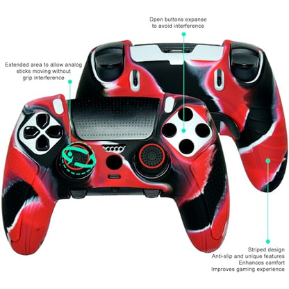 Red Black Anti-Slip Controller Skin,Studded Edition Protective Silicone Cover Skin Grips Compatible with ps5 dualsense EDG and 6 PCS Thumb Grips Caps. - color: Red Black