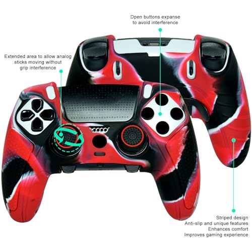 Red Black Anti-Slip Controller Skin,Studded Edition Protective Silicone Cover Skin Grips Compatible with ps5 dualsense EDG and 6 PCS Thumb Grips Caps. - color: Red Black
