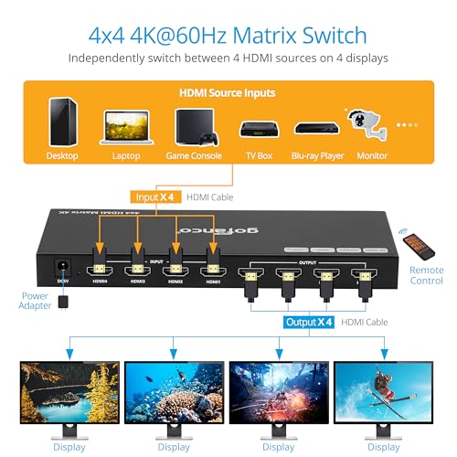 gofanco 4K60Hz 4x4 HDMI Matrix Switch (Matrix44HD2-BSC) | Up to 4K60Hz 4:4:4, HDR, HDCP 2.2/1.4, Auto Downscaling, EDID Management, 7.1ch Audio, Atmos, Lightning/Surge/ESD Protection - size: 4K 60Hz 4x4 BSC