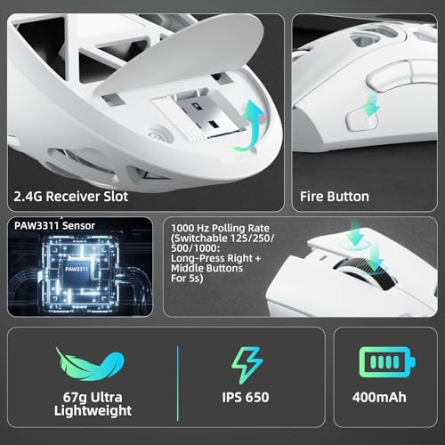 Aula SC620 Wireless Gaming Mouse, Tri-Mode 2.4GHz/USB-C/BT5.3 Computer Mouse with 12000 DPI, Programmable Macro Gamer Mouse with Rapid Fire Key, RGB Light White Gaming Mice for PC/Laptop/Mac - color: White