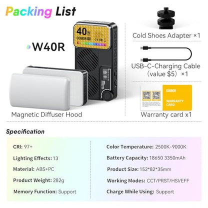 Moman Small LED Camera Light 40W, Full RGB Video Lights with Diffuser, App Control, 2500-9000K, CRI 97+, USB-C Fast Charging, Portable Photography Fill Light for Sony Canon Video Recording