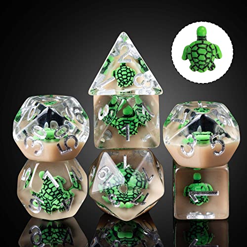 Cusdie 7-Die DND Dice, Polyhedral Dice Set Filled with Animal, for Role Playing Game D&D Dice (Green Turtle) - color: Green Turtle