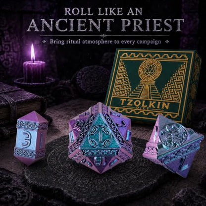 Tzolkin Metal DND Dice Set, 7-Piece Polyhedral Dice | Solid zinc alloy dice with heavy feel, Mayan Aztec calendar details, readable numbers, and temple collector box for RPG play - color: Blue