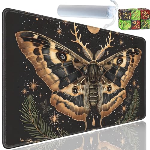 Playmat for MTG, 24x14 Inches Playmats, for TCG and CCG Trading Card Game Mat, Non-Slip Rubber for MTG Playmats with A Storage Bag and 6 Dice Set, Night Moth Pattern Black - color: Yu-Playmat-1-A16